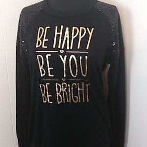 Black Crew Neck Graphic Sweatshirt Top Gold Sequined Shoulders Long Sleeve